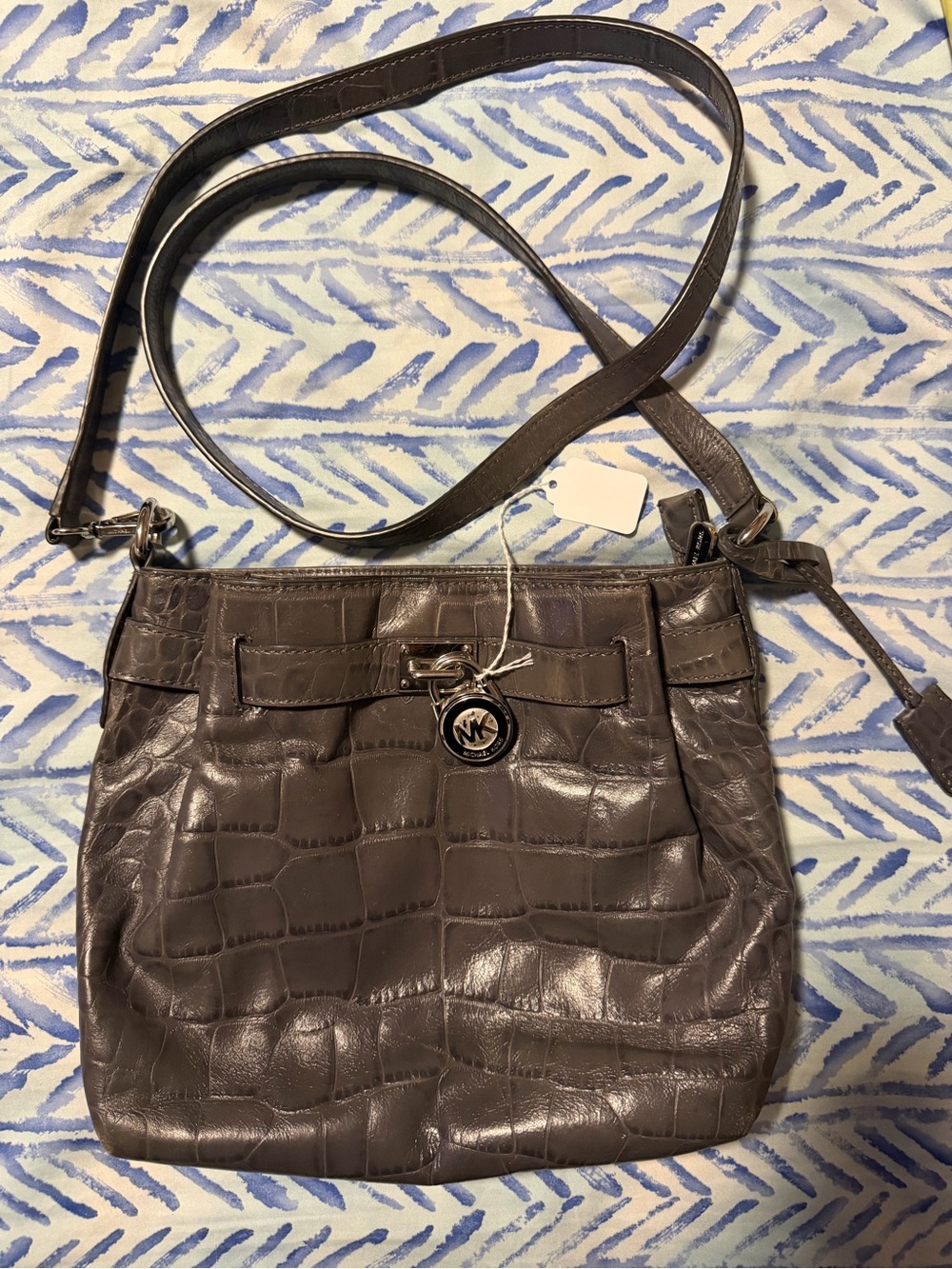 Vintage Michael Kors Croc-Embossed Leather Crossbody Bag in Gray.